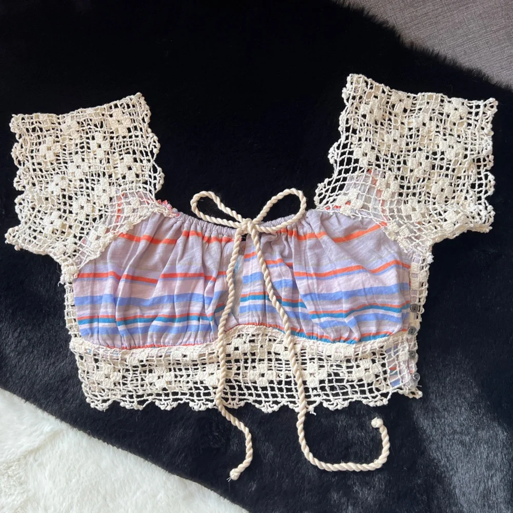 Free People Aruba Crochet Lace Crop top Cream Combo, Size XS NEW